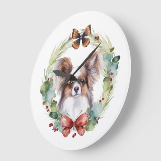 Papillon Christmas Wreath Festive Pup Große Wanduhr (Winkel)