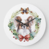 Papillon Christmas Wreath Festive Pup Große Wanduhr (Vorderseite)