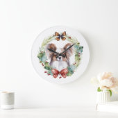 Papillon Christmas Wreath Festive Pup Große Wanduhr (Zuhause)