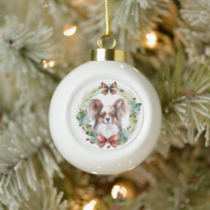 Papillon Christmas Wreath Festive Pup Keramik Kugel-Ornament