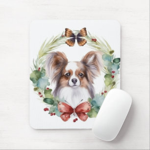 Papillon Christmas Wreath Festive Pup Mousepad