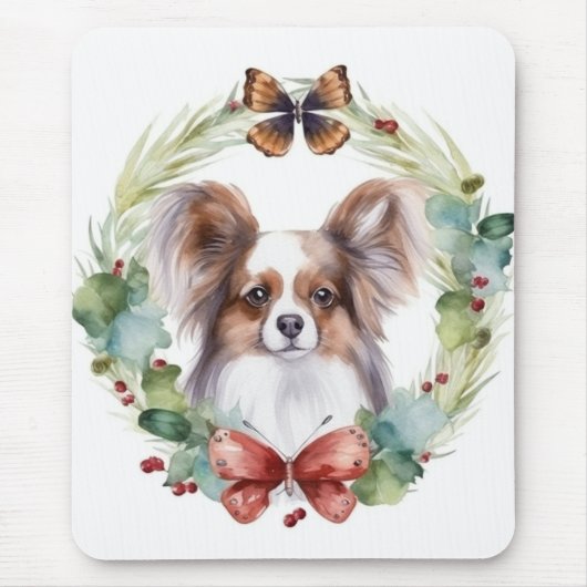 Papillon Christmas Wreath Festive Pup Mousepad (Vorne)