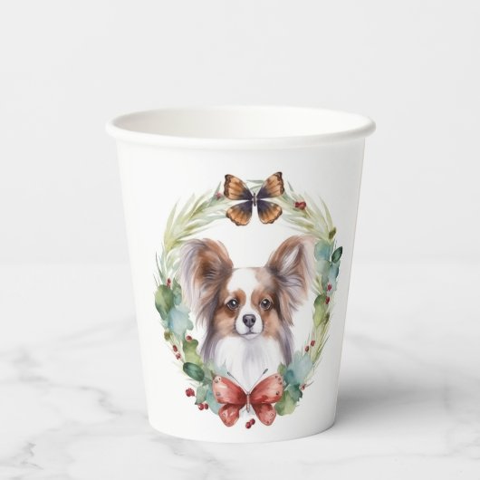 Papillon Christmas Wreath Festive Pup Pappbecher (Rückseite)