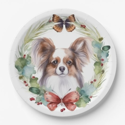 Papillon Christmas Wreath Festive Pup Pappteller (Vorderseite)