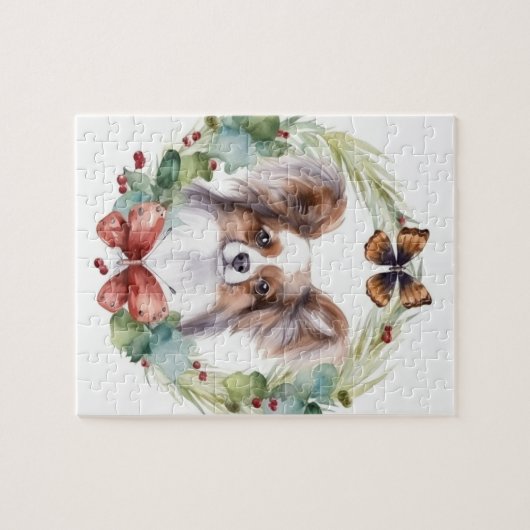 Papillon Christmas Wreath Festive Pup Puzzle (Horizontal)