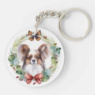 Papillon Christmas Wreath Festive Pup Schlüsselanhänger