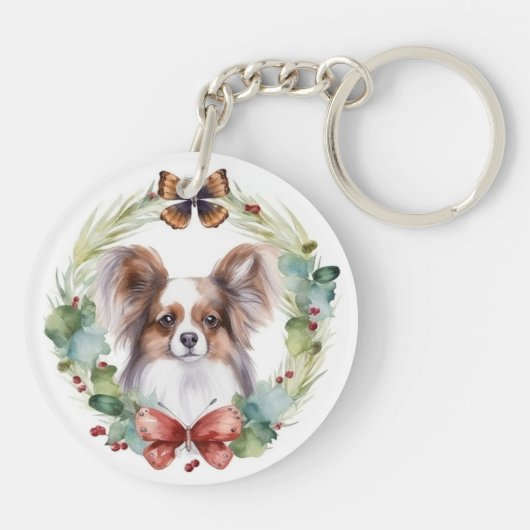 Papillon Christmas Wreath Festive Pup Schlüsselanhänger (Rückseite)