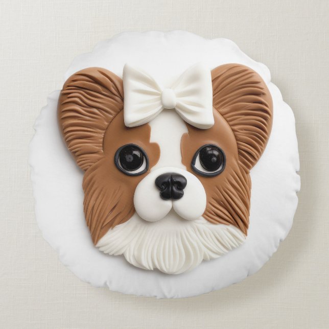 Papillon Dog 3D Inspiriert Rundes Kissen (Vorderseite)