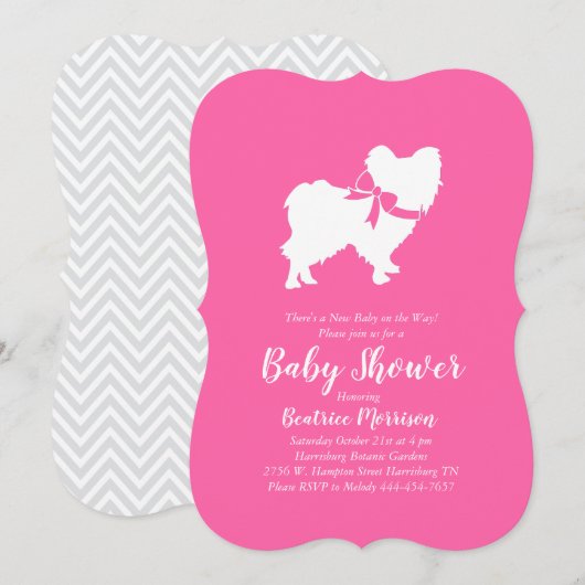 Papillon Dog Baby Shower Pink Girl Einladung (Vorne/Hinten)