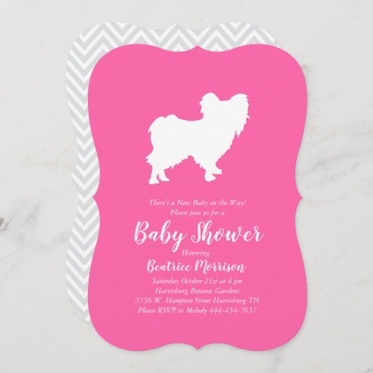 Papillon Dog Baby Shower Pink Girl Einladung (Vorne/Hinten)