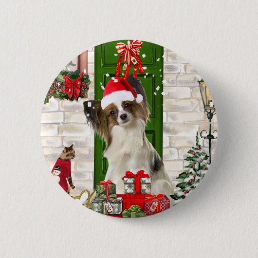 Papillon Dog Christmas Button (Vorderseite)
