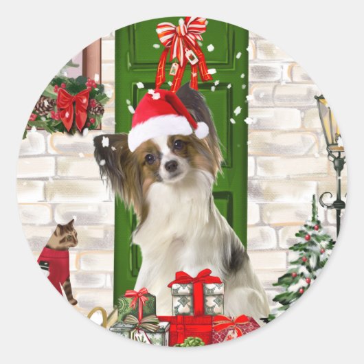Papillon Dog Christmas Runder Aufkleber (Vorderseite)