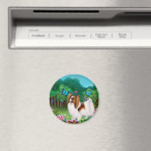 Papillon Dog im Garden Round Magnet (In Situ (Geschirrspüler))