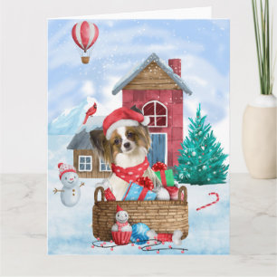Papillon Dog im Schnee Weihnachtshundehaus Karte