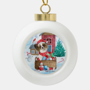 Papillon Dog im Schnee Weihnachtshundehaus Keramik Kugel-Ornament