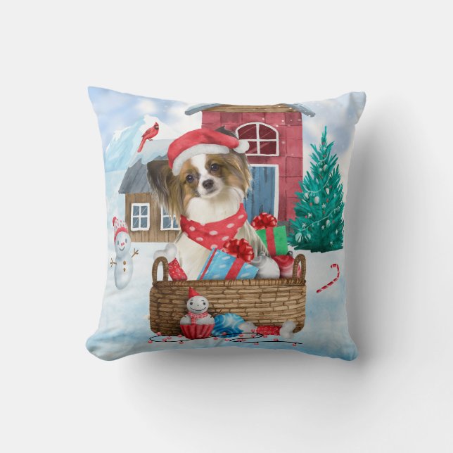 Papillon Dog im Schnee Weihnachtshundehaus Kissen (Vorderseite)