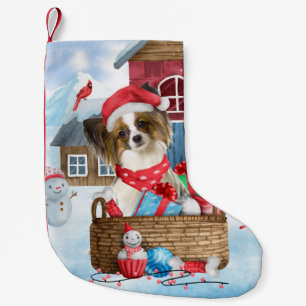 Papillon Dog im Schnee Weihnachtshundehaus Kleiner Weihnachtsstrumpf