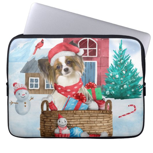 Papillon Dog im Schnee Weihnachtshundehaus Laptopschutzhülle (Vorderseite)