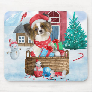 Papillon Dog im Schnee Weihnachtshundehaus Mousepad