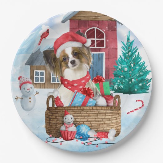 Papillon Dog im Schnee Weihnachtshundehaus Pappteller (Vorderseite)