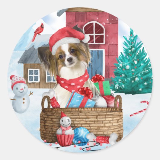 Papillon Dog im Schnee Weihnachtshundehaus Runder Aufkleber (Vorderseite)