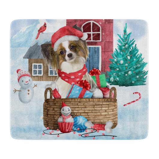 Papillon Dog im Schnee Weihnachtshundehaus Schneidebrett (Vorderseite)