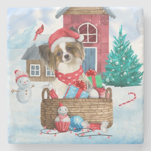Papillon Dog im Schnee Weihnachtshundehaus Steinuntersetzer (Vorderseite)