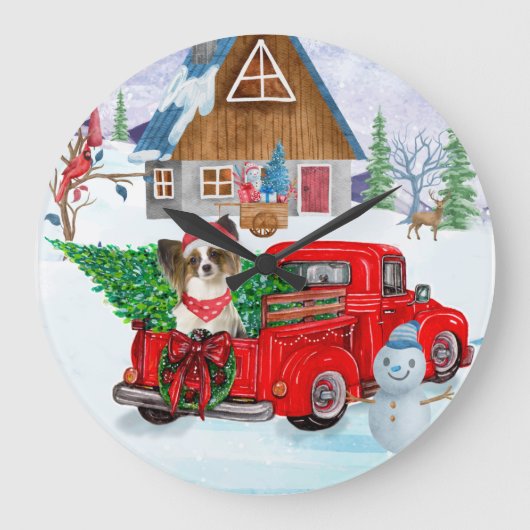 Papillon Dog in Christmas Delivery LKW Schnee Große Wanduhr (Vorderseite)
