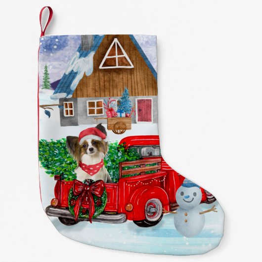 Papillon Dog in Christmas Delivery LKW Schnee Kleiner Weihnachtsstrumpf (Vorderseite)