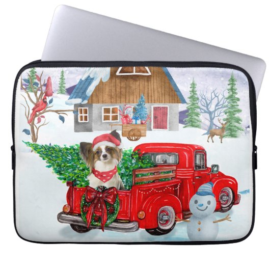 Papillon Dog in Christmas Delivery LKW Schnee Laptopschutzhülle (Vorderseite)