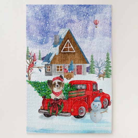Papillon Dog in Christmas Delivery LKW Schnee Puzzle (Vertikal)