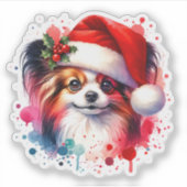 Papillon Dog in der Weihnachtsmannmütze Weihnachte Aufkleber (Vorderseite)
