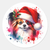 Papillon Dog in der Weihnachtsmannmütze Weihnachte Runder Aufkleber (Vorderseite)