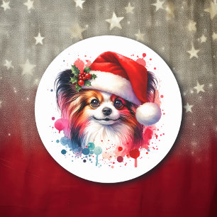 Papillon Dog in der Weihnachtsmannmütze Weihnachte Runder Aufkleber
