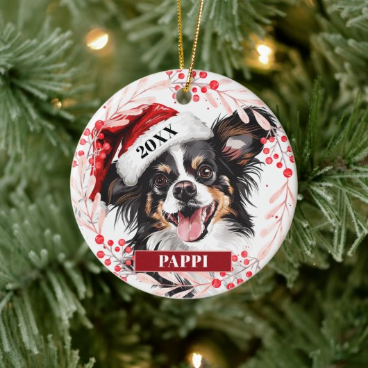 Papillon Dog in der Weihnachtsmannmütze Weihnachts Keramik Ornament (Baum)