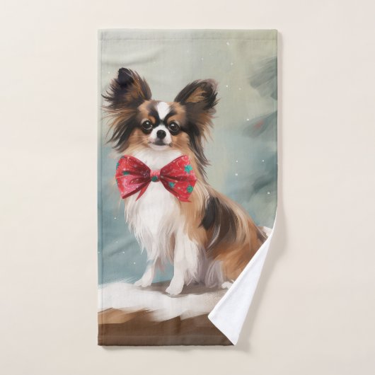 Papillon Dog in Schnee Weihnachten Badhandtuch Set (Handtuch)