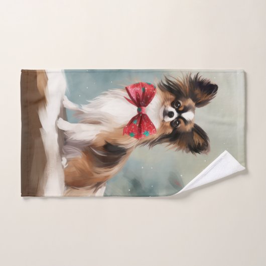 Papillon Dog in Schnee Weihnachten Badhandtuch Set (Handtuch)