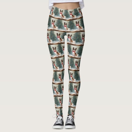 Papillon Dog in Schnee Weihnachten Leggings (Vorderseite)