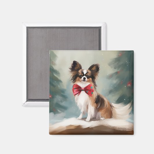 Papillon Dog in Schnee Weihnachten Magnet (Vorderseite/Rückseite)