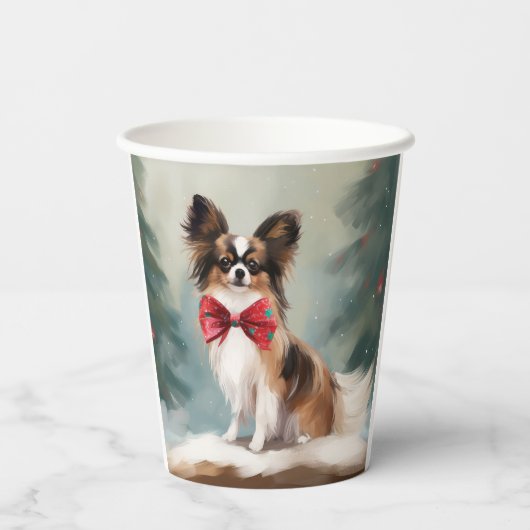 Papillon Dog in Schnee Weihnachten Pappbecher (Rückseite)