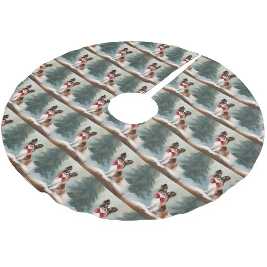 Papillon Dog in Schnee Weihnachten Polyester Weihnachtsbaumdecke (Schrägansicht)