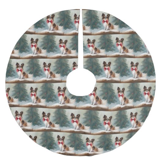 Papillon Dog in Schnee Weihnachten Polyester Weihnachtsbaumdecke (Vorderseite)