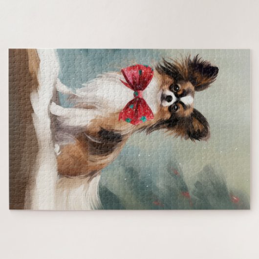 Papillon Dog in Schnee Weihnachten Puzzle (Horizontal)