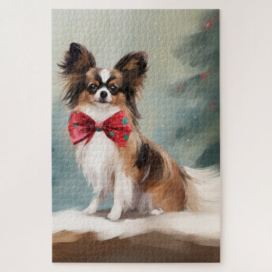 Papillon Dog in Schnee Weihnachten Puzzle (Vertikal)