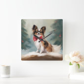 Papillon Dog in Schnee Weihnachten Quadratische Wanduhr (Zuhause)