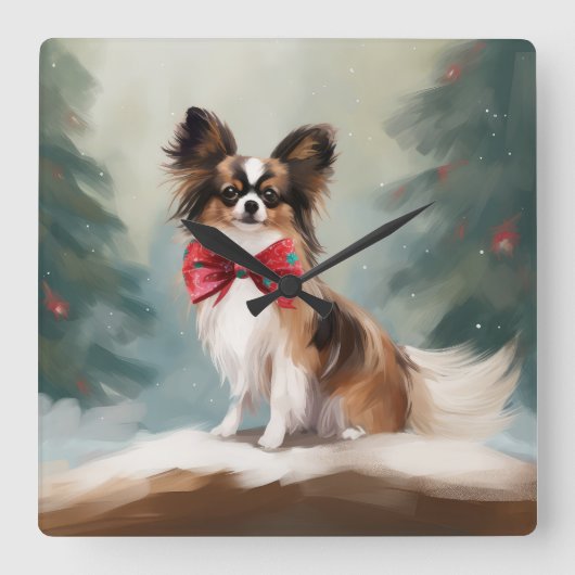 Papillon Dog in Schnee Weihnachten Quadratische Wanduhr (Vorderseite)