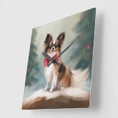Papillon Dog in Schnee Weihnachten Quadratische Wanduhr (Winkel)
