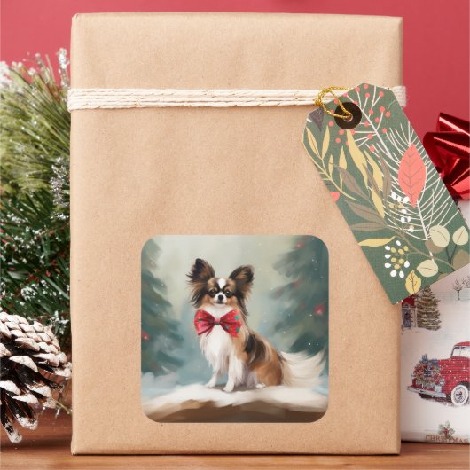Papillon Dog in Schnee Weihnachten Quadratischer Aufkleber (Feiertag)