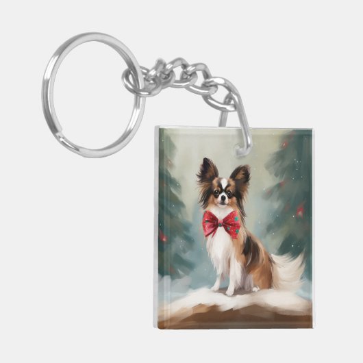 Papillon Dog in Schnee Weihnachten Schlüsselanhänger (Vorderseite links)