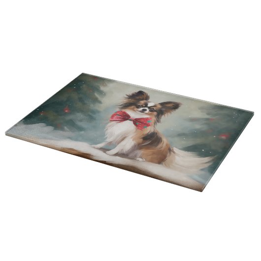 Papillon Dog in Schnee Weihnachten Schneidebrett (Ecke)